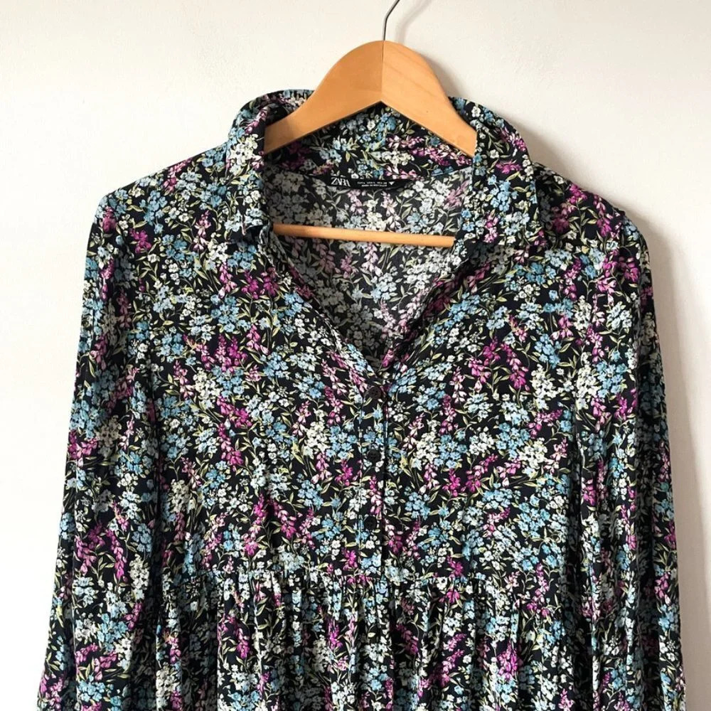 Zara Ditsy Floral Long Sleeve Babydoll Shirt Dress Size  Large - Picture 5 of 8